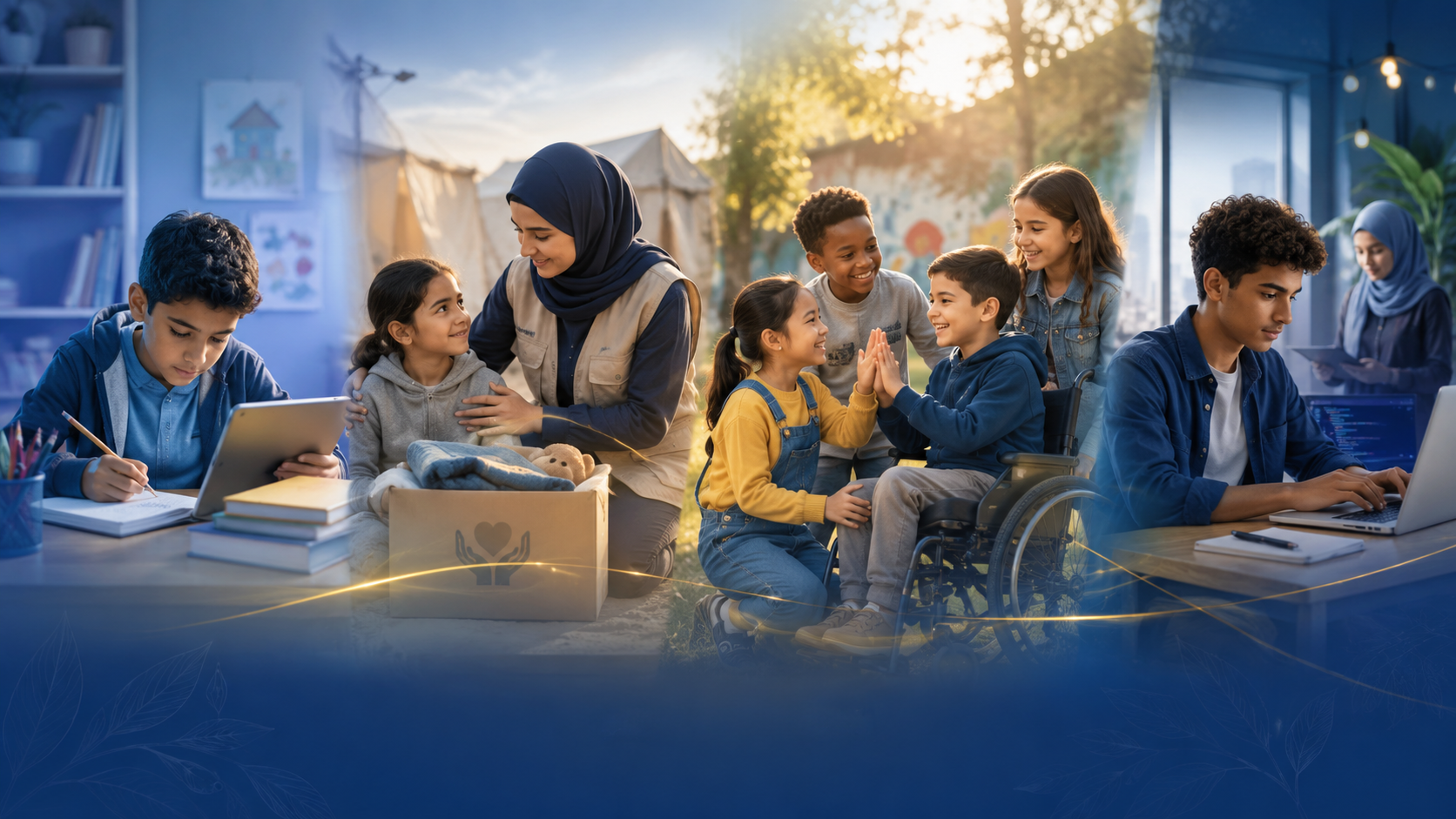 2nd image Four connected scenes show children and young people receiving education