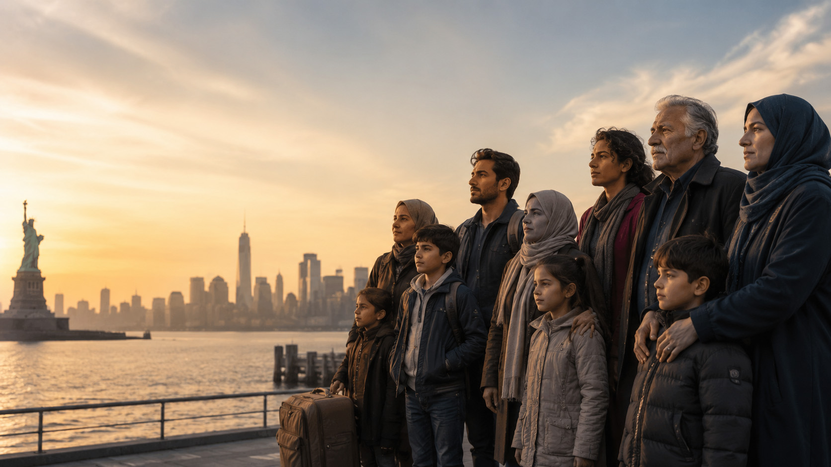 A diverse, multi-generational family stands together on a waterfront in New York City at sunset, looking toward the skyline and the Statue of Liberty. A suitcase beside them symbolizes displacement, while their calm, determined expressions convey resilience, hope, and the possibility of a new beginning