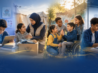 Four connected scenes show children and young people receiving education